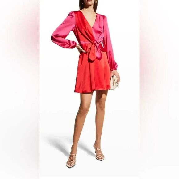 Milly Red and Pink Stella Bicolor Satin Color-block Tie Dress, size 6 - Picture 1 of 13